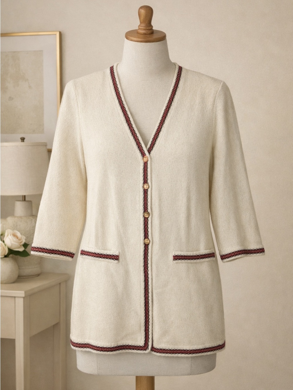 Vintage St. John Ivory Posh Cardigan Quiet Luxury Burgundy Trim S